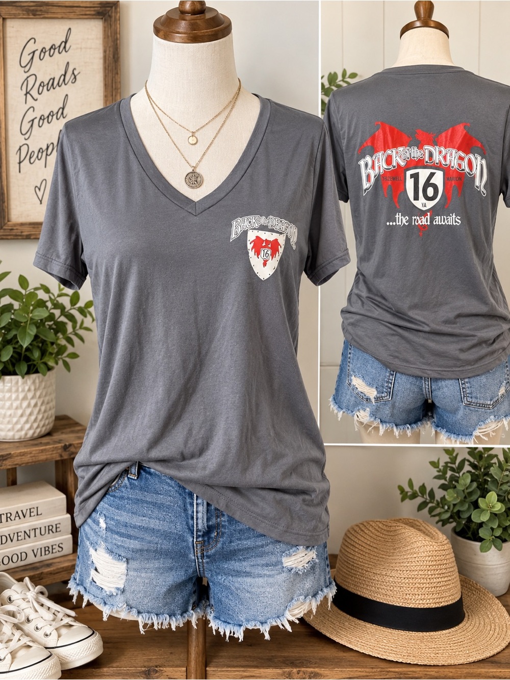 Back of the Dragon Route 16 Virginia Women’s V-Neck Graphic T-Shirt – Large